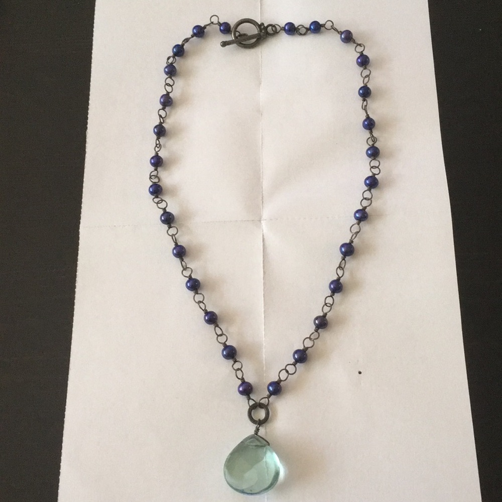 Handmade blue beaded wrapped wire pendant necklace - Picture 1 of 4